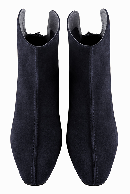 Navy blue women's ankle boots with a zip at the back. Square toe. Medium block heels. Top view - Florence KOOIJMAN